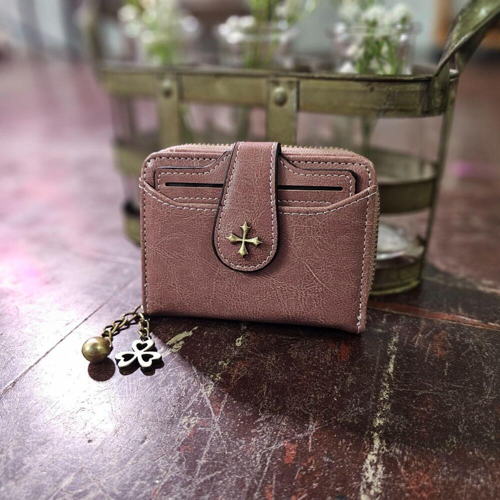 Mini Wallet y2k Cross Charm Zip Bifold Vintage Dusty Pink (Small) ✨